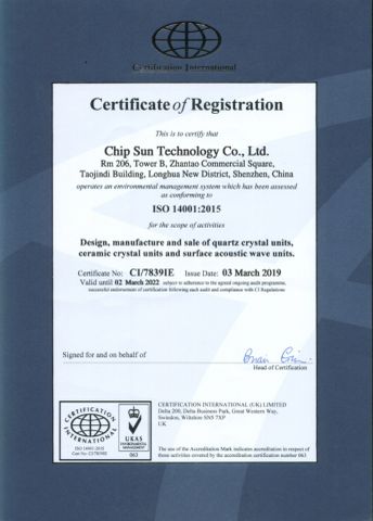 ISO 14001 certificate from Chip Sun Technology Co., Ltd.
