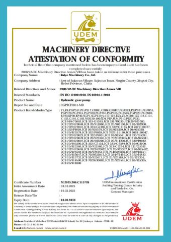 Hydraulic gear pump CE certification certificate of Ruiye Machinery Co., Ltd. – certificate photo, supplier certificates section