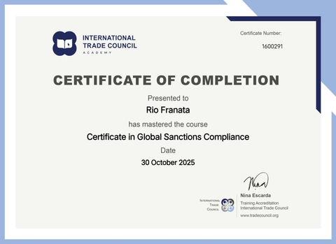 Certificate in global sanctions compliance certificate from Pt bumi rafflesia indonesia