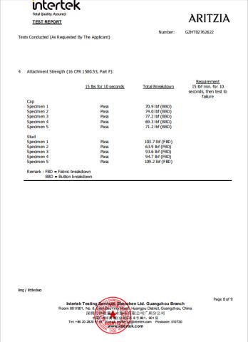 test report certificate from Shenzhen Jiuzhou Weili Garment Accessories Co., Ltd.