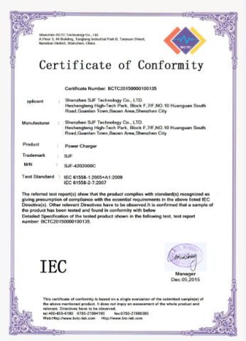 IEC of charger certificate of Shenzhen SJF Technology Co., Ltd. – certificate photo, supplier certificates section