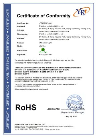 DMX LED Linear Light certificate of Shenzhen Ledcolourlight Technology Co., Ltd. – certificate photo, supplier certificates section