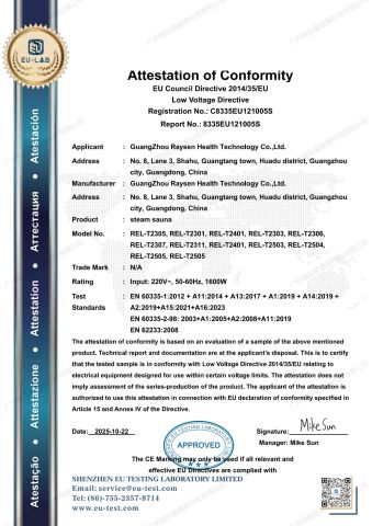 sauna CE -LVD certificate from Guangzhou Raysen Health Technology Co., Ltd.