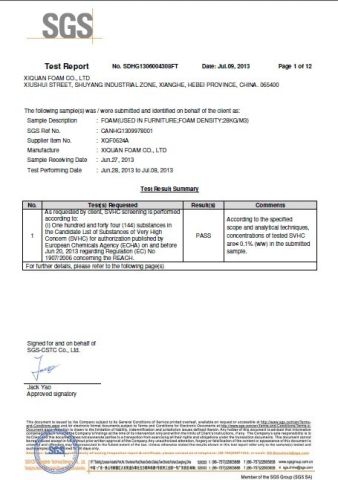 REACH certificate from Xiquan Foam Co., Ltd.