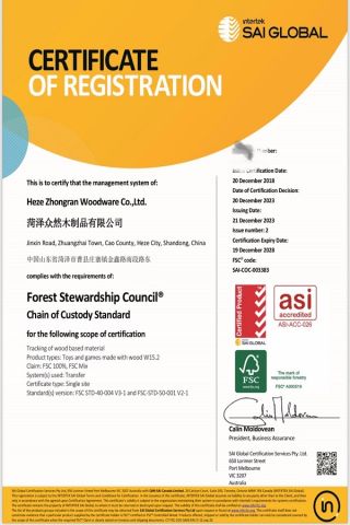FSC certificate from Heze Zhongran Woodware Co., Ltd