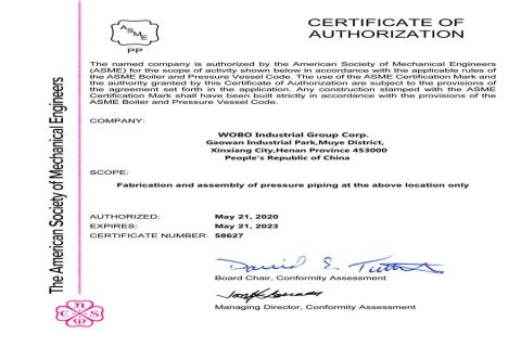 ASME certificate from WOBO Industrial Group Corp.