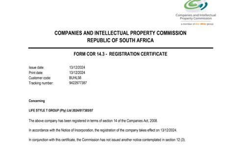 Business Registration certificate from Life Style T Group (PTY) Ltd