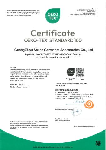 OEKO TEST REPORT certificate from GUANGZHOU SAKES GARMENTS ACCESSORIES CO., LTD.