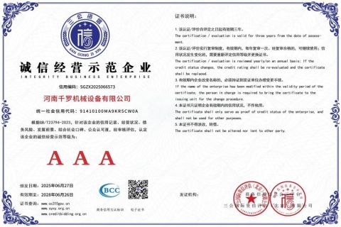 Certificate of Model Enterprise for Honest Business Operations certificate of Henan Qianluo Mechanical Equipment Co., Ltd – certificate photo, supplier certificates section