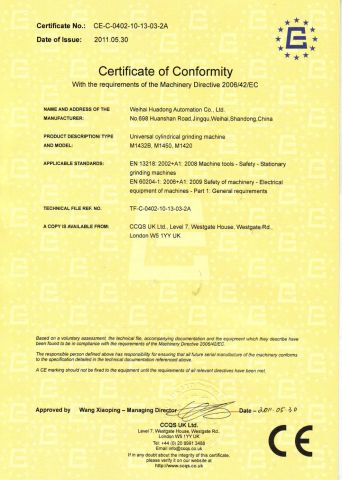 cylindrical grinder CE certificate from Weihai Huadong Automation Co., Ltd