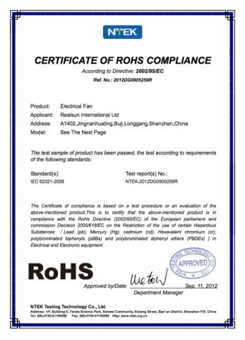 RoHS certificate for Fan certificate from ZHONGSHAN DOUBLE CROWN ELECTRICAL APPLIANCE CO., LIMITED