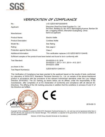 SGS certificate from Shenzhen Shenone Hotel Supplies Co., Ltd.
