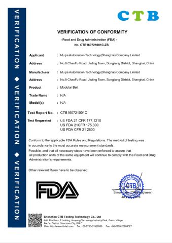 FDA for Modular belt certificate from Mujia Automation Technology (Shanghai) Company Limited