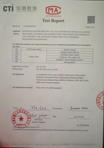 JUMPER CABLE ROHS REPORT certificate from DONGGUAN KOTOBO INDUSTRY CO., LTD.