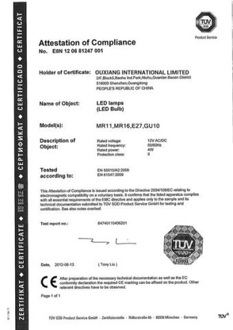TUV for led certificate from Shenzhen Ouxiang Electronics Co., Ltd.