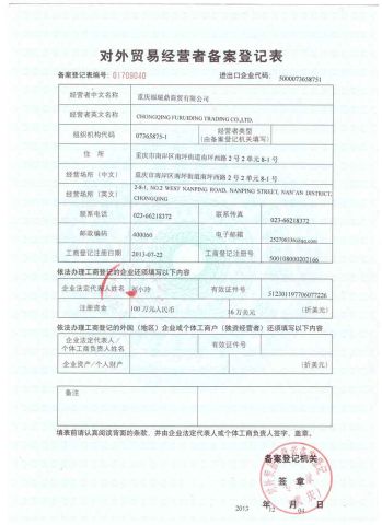 The Record Registration Form for a Foreign Trade Operator certificate from HENSEN POWER TECHNOLOGY CO., LIMITED