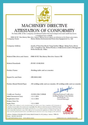 CE welding table certificate of Botou Xintian Environmental Protection Equipment Co., Ltd. – certificate photo, supplier certificates section