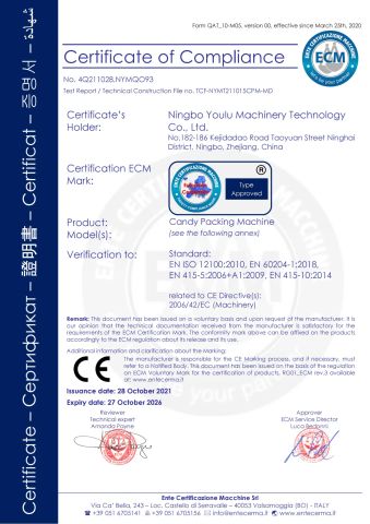 candy packing machine certificate from Ningbo Youlu Machinery Technology Co., Ltd.