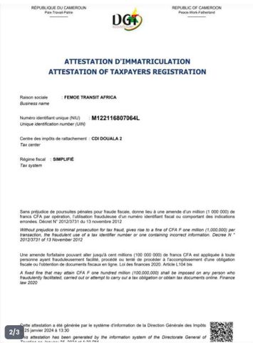 Attestation d'imatriculation (NUI) certificate from FEMOE TRANSIT AFRICA