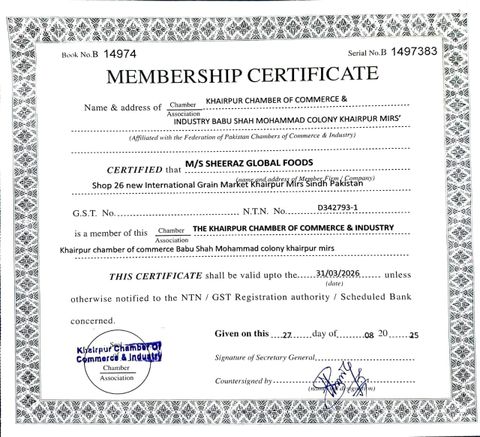 Khairpur Chamber of Commerce and Industry certificate from SHEERAZ GLOBAL FOODS