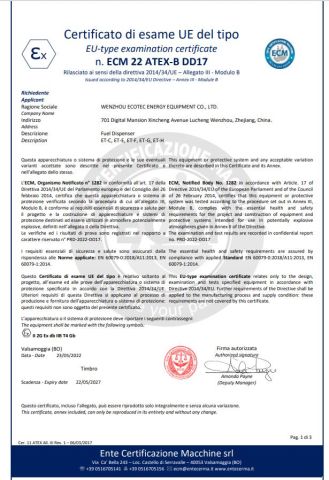 ATEX CERTIFICATE certificate from Wenzhou Ecotec Energy Equipment Co., Ltd.