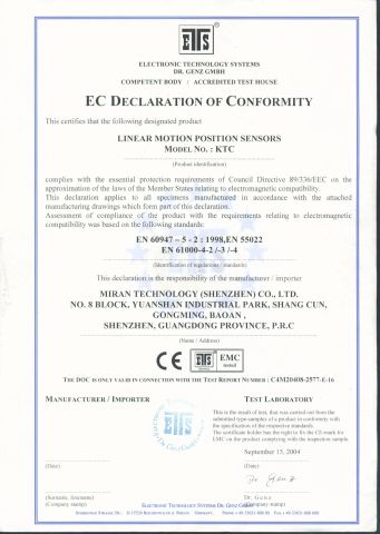 KTC CE certificate from Shenzhen Miran Technology Co., Ltd.