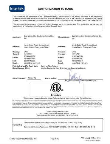 popcorn machine ETL certificate from Guangzhou ETON Import & Export Co., Ltd.