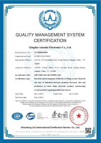 ISO 9001 certificate from Qingdao Ansenke Electronics CO., LTD