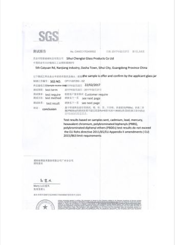 SGS ROHS Test Report (Page 1) for Glass Jar (No. CAN21C0420052) certificate from Foshan Greafor Import and Export Co., Ltd.