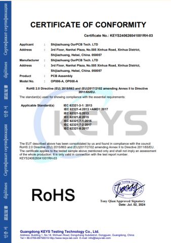 RoHS certificate of Shijiazhuang OurPCB Tech. Ltd. – certificate photo, supplier certificates section