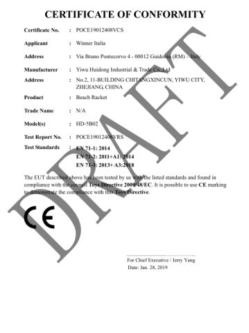 CERTIFICATE OF CONFORMITY certificate from Yiwu Huidong Industrial & Trade Co., Ltd.