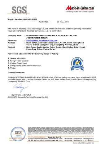 Audited Report certificate from GUANGZHOU SAKES GARMENTS ACCESSORIES CO., LTD.
