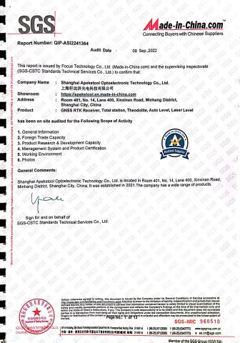 SGS cerfication certificate from Shanghai Apekstool Optoelectronic Technology Co., Ltd.