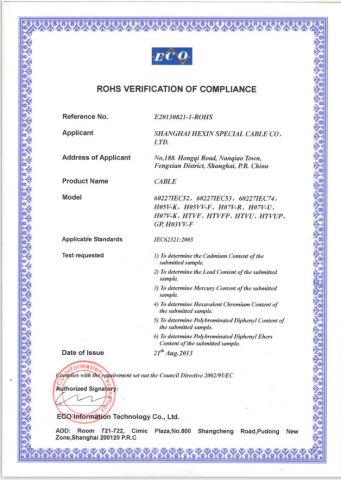 ROHS-CABLE certificate from Lanka Industrial Automation (Shanghai) Co., Ltd.
