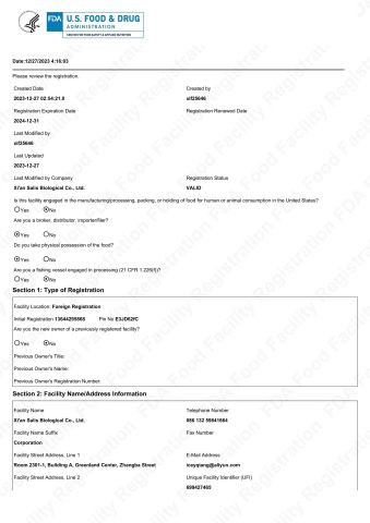 FDA certificate from Xi'an Salis Biological Co., Ltd.