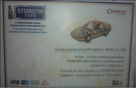 AOTOMOTIVE Exhibition in Turkey certificate of WUXI XISHAN HUANYU METAL HOSE CO., LTD. – certificate photo, supplier certificates section