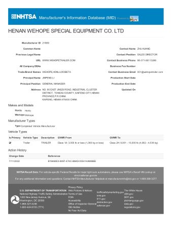 DOT certificate of Henan Camp Industrial Co., Ltd. – certificate photo, supplier certificates section