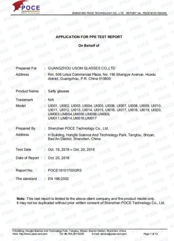 uv400 lens test report certificate from Guangzhou USOM Glasses Co., Ltd.