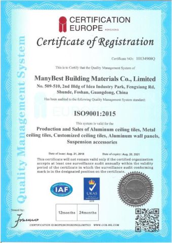 ISO certificate from Manybest Building Materials Co., Ltd.