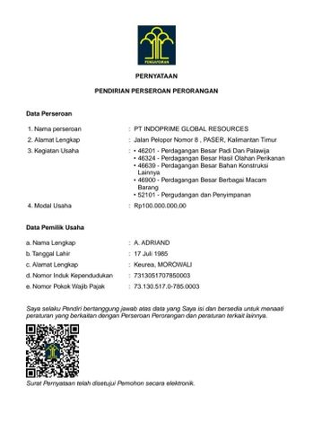 AHU Registrasi certificate from PT Indoprime Global Resources