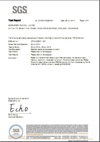 Test Report of T-Glass 3D filament certificate from Guangzhou Yousu3D Technology Co., Ltd.
