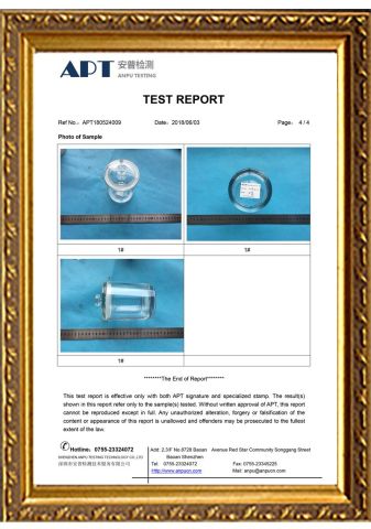 APT Product Test Report certificate from Shenzhen Bright Glassware Co., Ltd.
