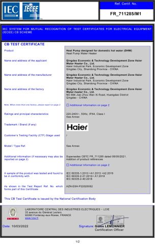 CB certificate from Qingdao Haier New Energy Appliance Co., Ltd.