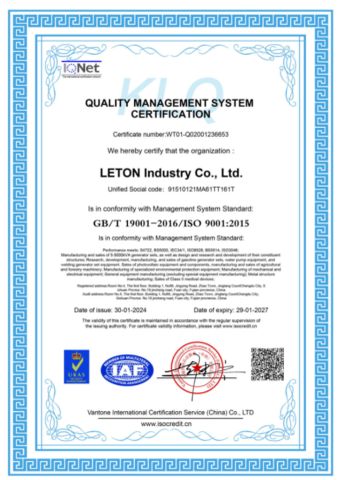 ISO 9001 certificate from Sichuan Leton Industry Co., Ltd