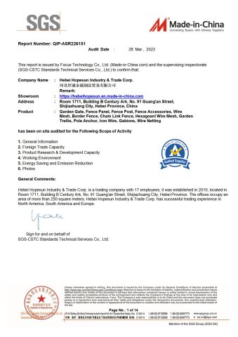 SGS certificate from Hebei Hopesun Industry & Trade Corp.