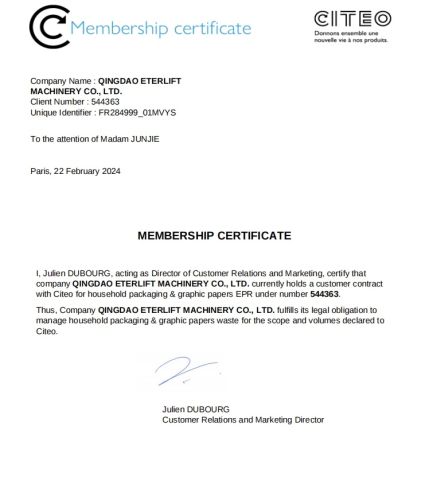CTIEO certificate from Qingdao Eterlift Machinery Co., Ltd.