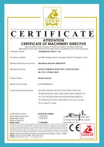 CE certificate for electric stackers certificate from Shanghai Rum Lift Co., Ltd.