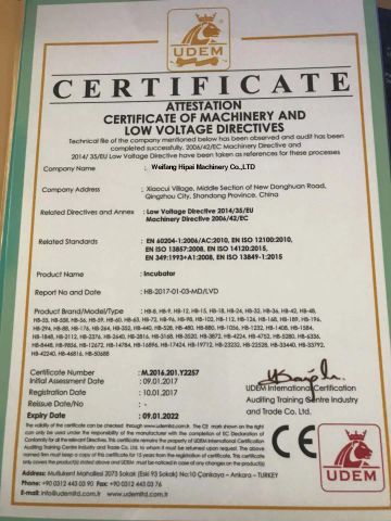 EGG incubator CE certificate from Weifang Hipai Machinery Co., Ltd.