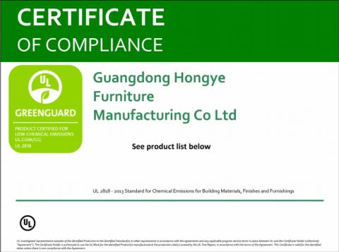 Greenguard certificate from Guangdong Hongye Shengda Furniture Co., Ltd.
