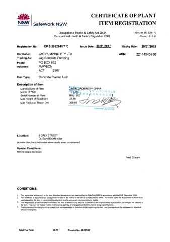 SAFEWORK for TOWER CONCRETE PLACING BOOM certificate from Qingdao Saintyol Dawin Machinery Co., Ltd.